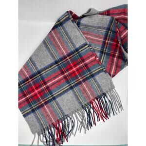 J. Crew Gray Red Blue Plaid Cashmere Scarf Fringe 12" x 65" Unisex